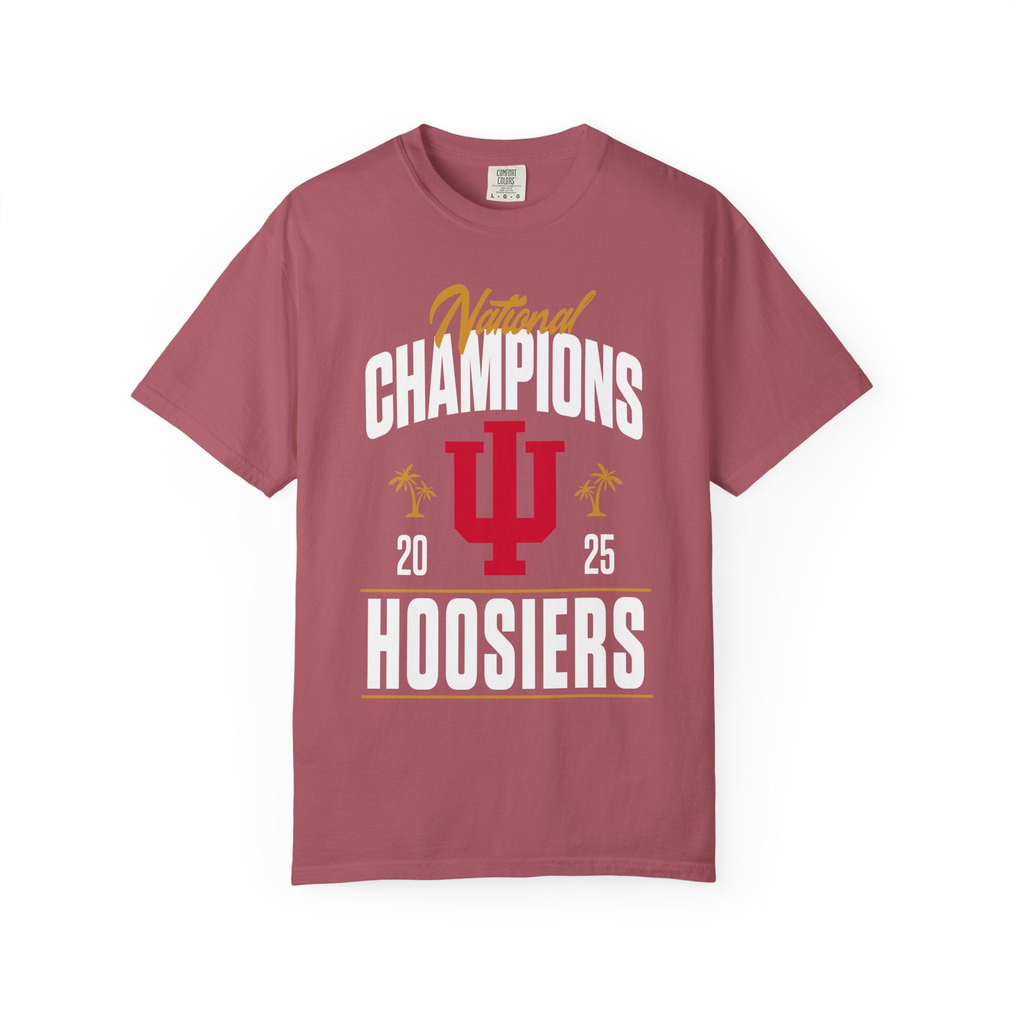 Crimson t-shirt with 'National Champions 2025 Hoosiers' text and logo on a white background