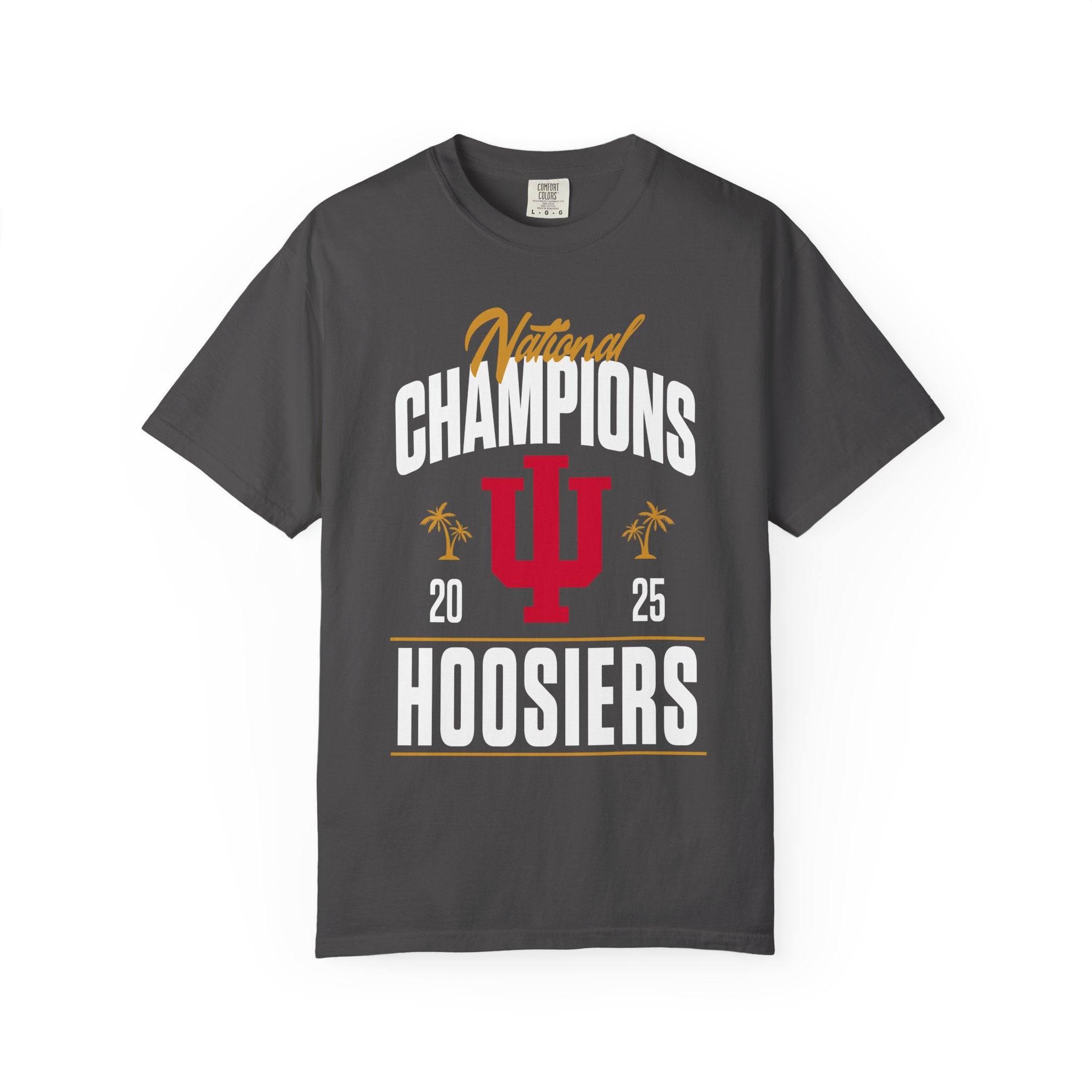 Gray t-shirt with 'National Champions 2025 Hoosiers' text and IU logo on a white background