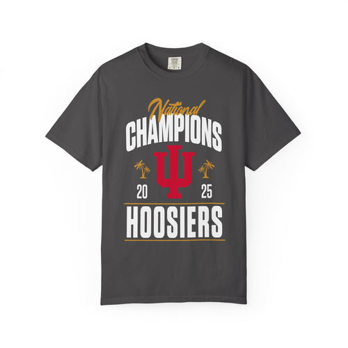 Gray t-shirt with 'National Champions 2025 Hoosiers' text and IU logo on a white background