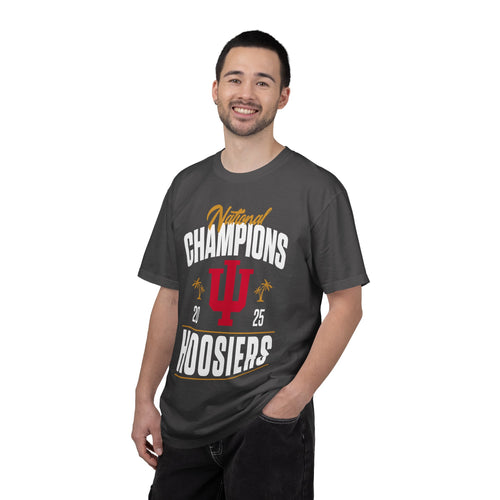 Man wearing a gray t-shirt with 'National Champions Hoosiers' text and logo on a white background